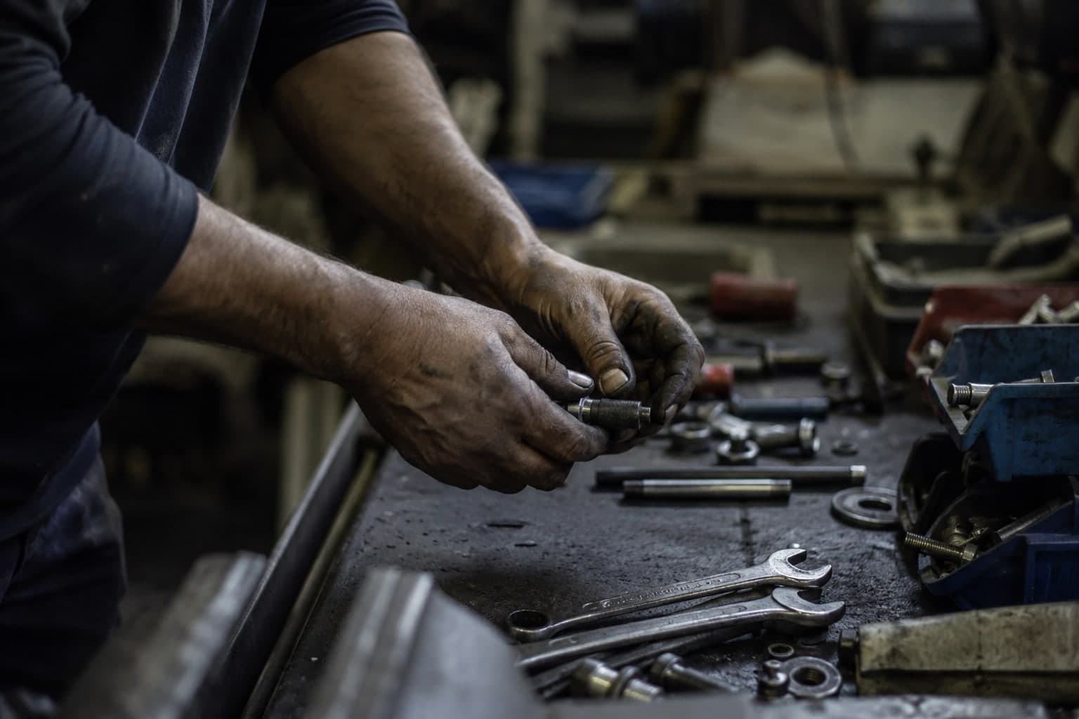 Mani che lavorano in officina sul telaio di una bici